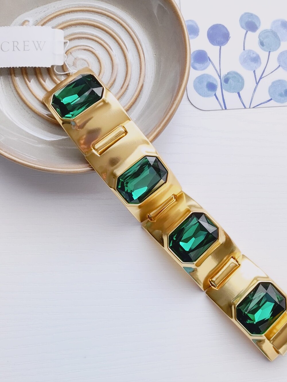 J. Crew Baguette statement bracelet Emerald Green Stones